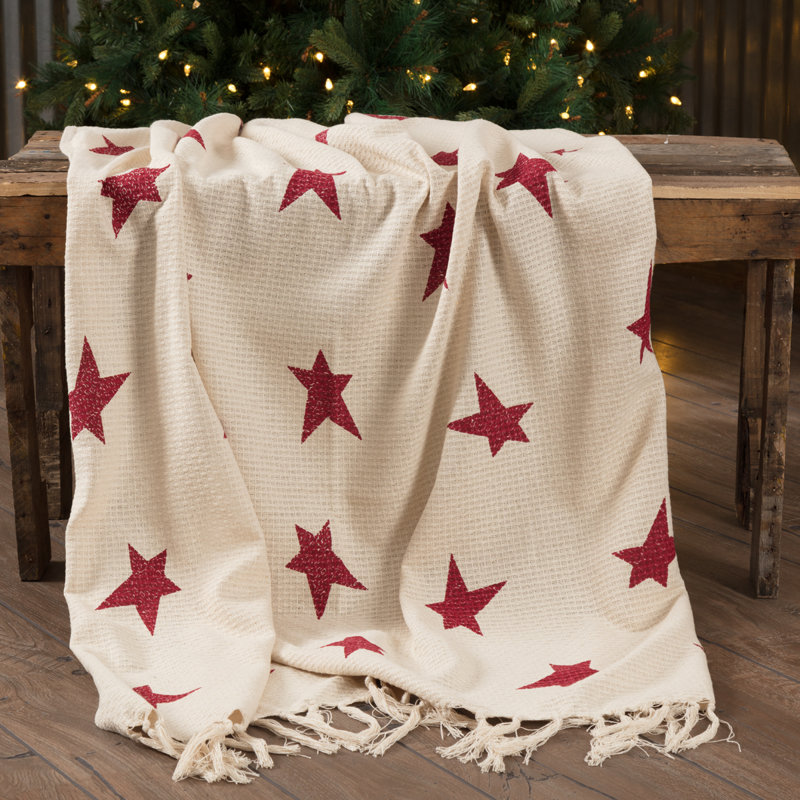 Tan and Burgundy Star Pattern Cotton Throw Blanket