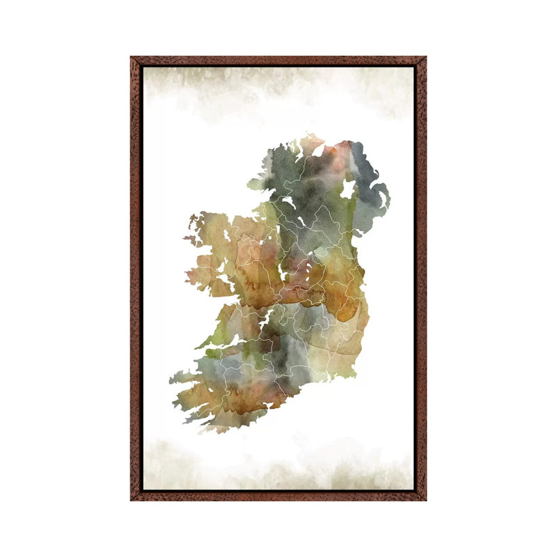 Ireland Greenish Map - Print on Canvas, 152.4cm H x 101.6cm W x 3.81cm D, Classic Brown Wood Framed