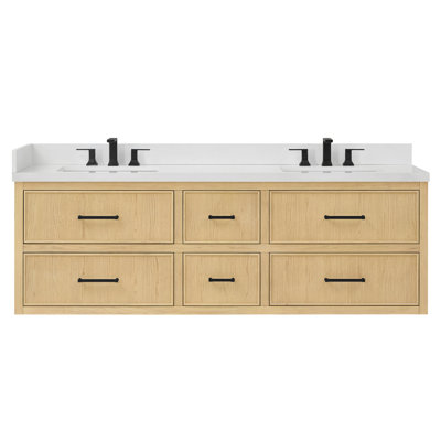 Isola WM 72 Inch Double Wall Mounted Bathroom Vanity in Scandinavian Oak, White Quartz Countertop, Undermount Square Sinks (3-Hole), Matte Black Trim