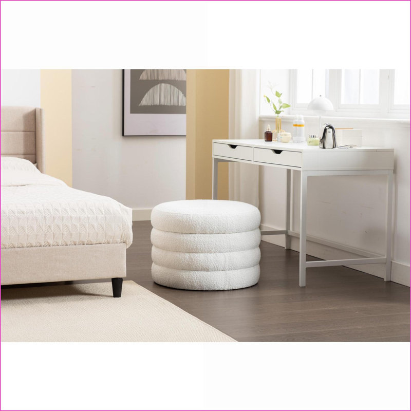 Ottoman with Storage &amp; Reversible Cover – Bedroom Bench, Footstool, Makeup Stool 24.41” Wide | Ivory | Boucle