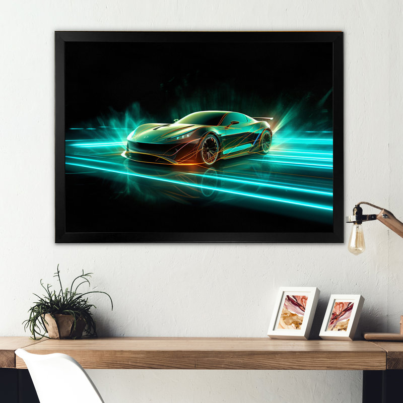 " Teal Neon Exotic Car III ", Black Picture Framed, 12" H x 20" W x 1" D