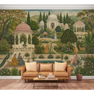 Wall Mural Peel and Stick Wallpaper Intricate Mughal Inspired Garden Scene Animals Architecture Self-Adhesive Removable Contact Paper Wall Decor for Living Room Bedroom 100"H x 144"W