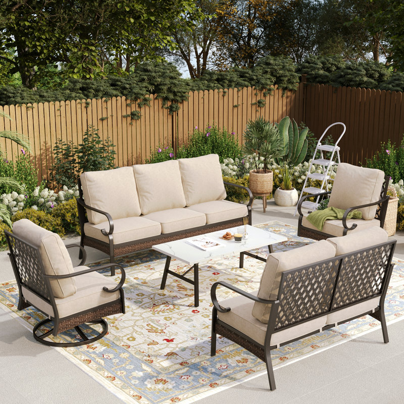 7-Person Patio Conversation Set With Loveseat & Swivel Lounge Chairs, Beige