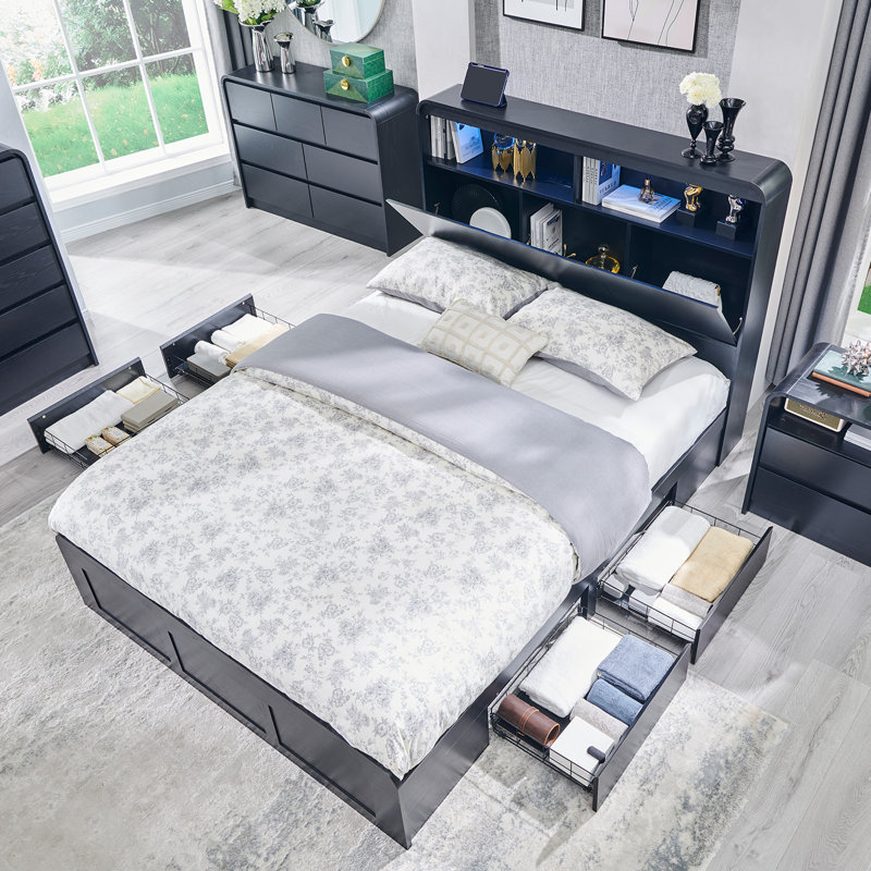 Modern LED Light Bed Frame with 50" Tall Storage Headboard, Platform Bed Frame w/4 Drawers, w/Charging Station, Queen, Black