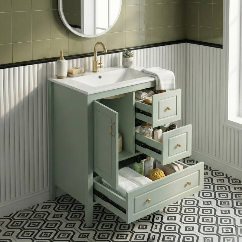 Gerhardt 24" Freestanding Bathroom Vanity With Ceramic Sink, Cabinet & Drawers, Light Green