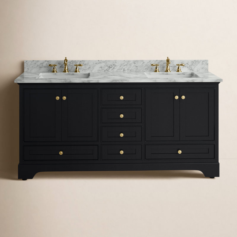 Varna 60'' Double Bathroom Vanity with Top, Black Onyx/Brushed Gold, Carrara White Marble