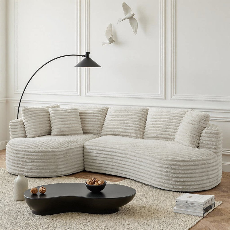 120.9" Modern Curved L-Shape Luxury Sectional, Corduroy Upholstery, Tufted Surface, No Assembly Required, 4-Seat, Cream