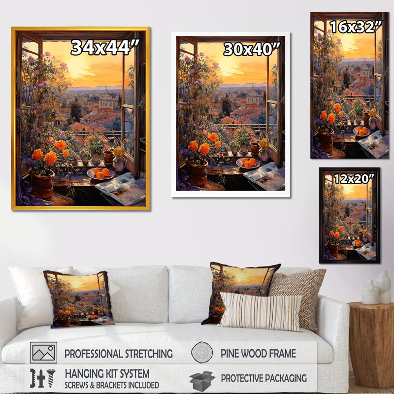 «Sunset Florals Windows View In Italy IV», art mural floral, Cadre flottant noir, H 32 po x l 24 po