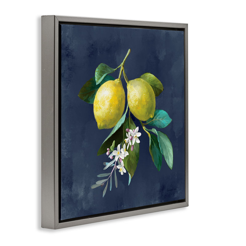 «Lemon Branches on Blue» par Danhui Nai, Cadre flottant gris lustré, H 18 po x l 18 po