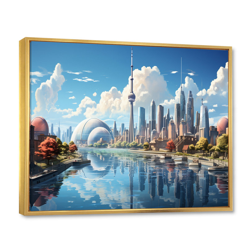 Toronto Skyline From The Water - City Toronto Wall Art Living Room, H 34 po x l 44 po x P 1,5 po, Cadre flottant doré