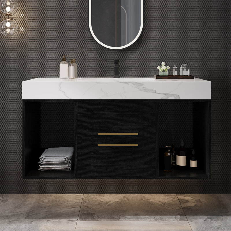 Meuble-lavabo flottant moderne avec lavabo en céramique, 2 tiroirs et 2 espaces de rangement, parfait pour un décor compact et élégant.