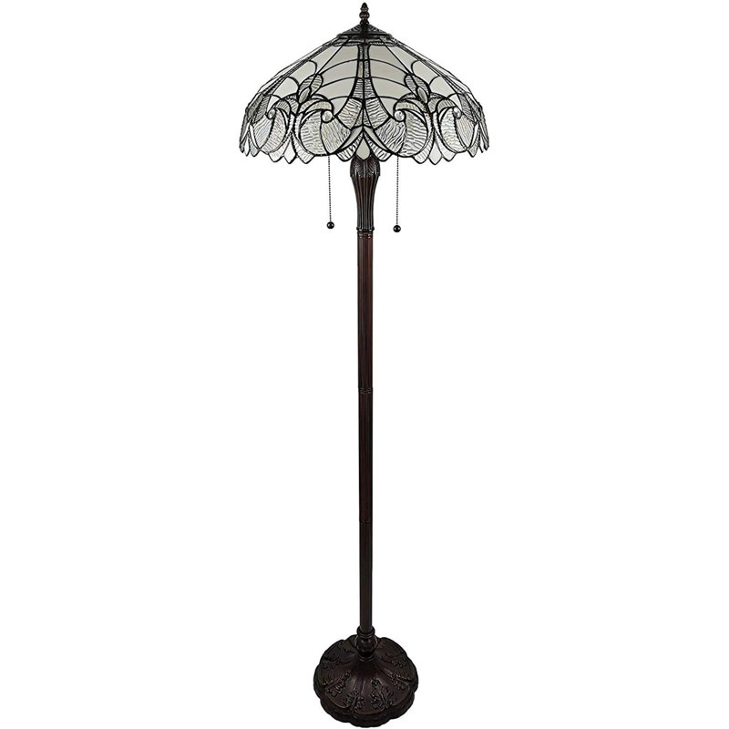 Lampe torchère sur pied 62 "à deux lumières 62" avec abat-jour dôme en verre coloré Fleur De Lis