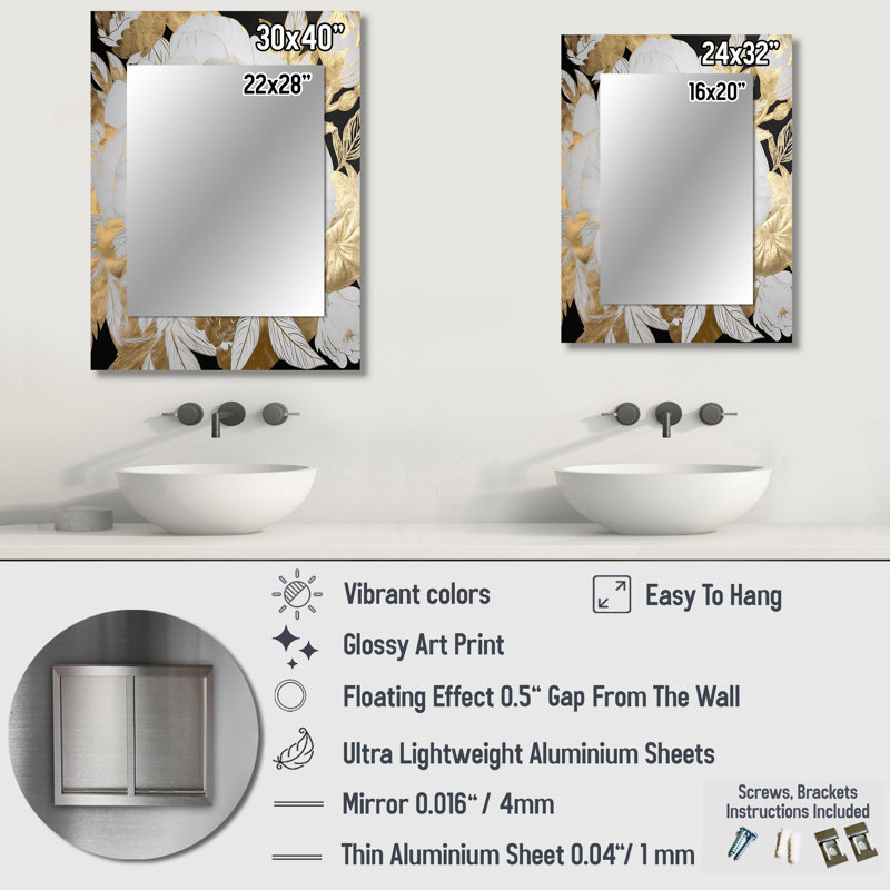 Exquisite White Rose Blooming Floral Gold Glam III - Rose Unique Wall Mirror Decor, Traditional Large Mirror, Printed Metal Art