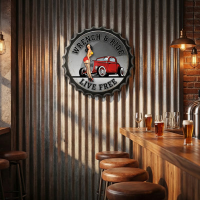 Retro Pinup Bottle Caps Metal Tin Signs Wall Art Plaque Vintage Home Decor 13.8x13.8 Inch