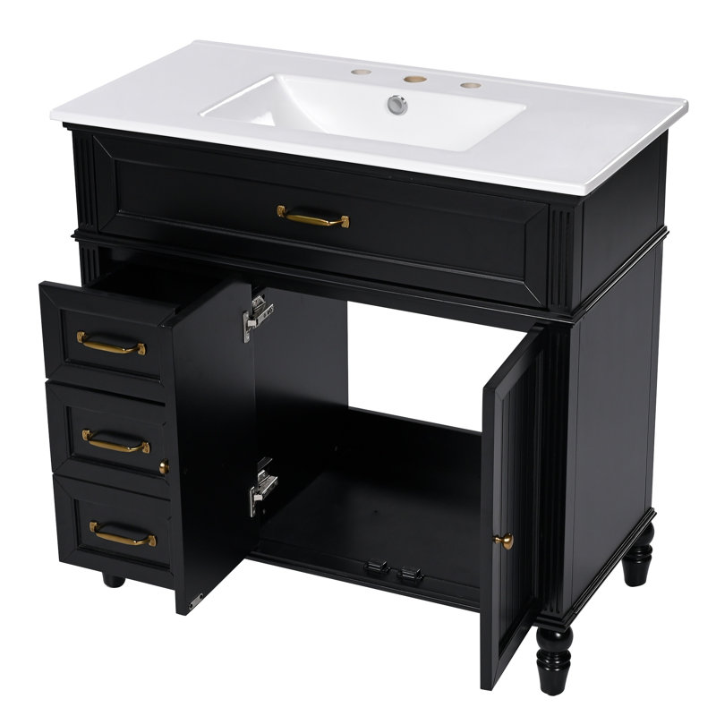 Meuble-lavabo 36 po avec lavabo, armoire de salle de bain noire avec tiroirs, cadre solide et panneau de fibres à densité moyenne 36 po, noir