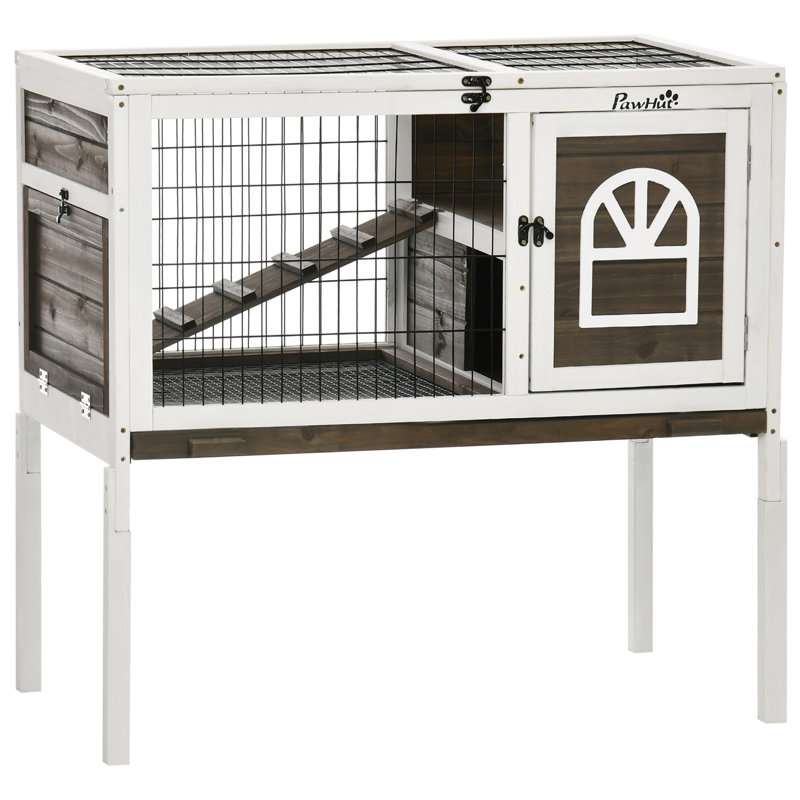 Cage à lapin en bois, cage de cochon d'Inde surélevée avec couloir, échelle, portes verrouillables et plateau amovible, café