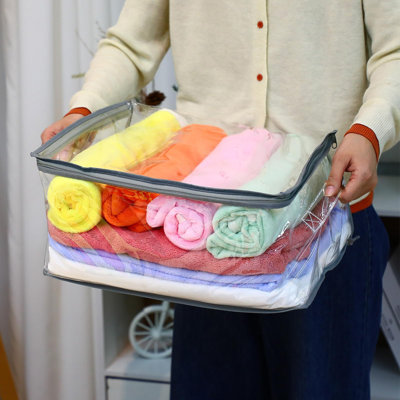 Sacs de rangement transparents avec fermeture éclair et poignée pour vêtements, couvertures, vêtements et jouets. Sacs de déménagement en plastique résistant, pour couvertures, couettes, vêtements et jouets. Lot de 16, bordure grise.