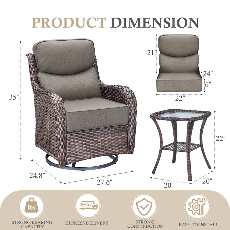 Ensemble de conversation d'extérieur 3 pièces avec chaises berçantes pivotantes en osier et table d'appoint Deb, Gris, Brun
