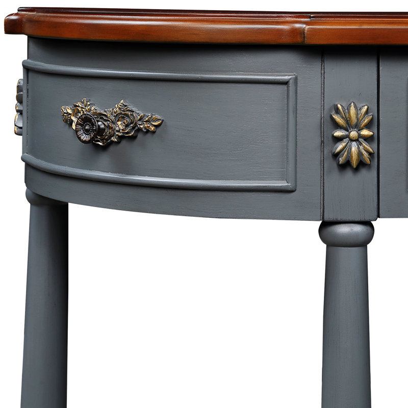 Retro Curved Wood Console Table, Half Moon Table With Open Shelf And 2 Drawers, Antique Gray