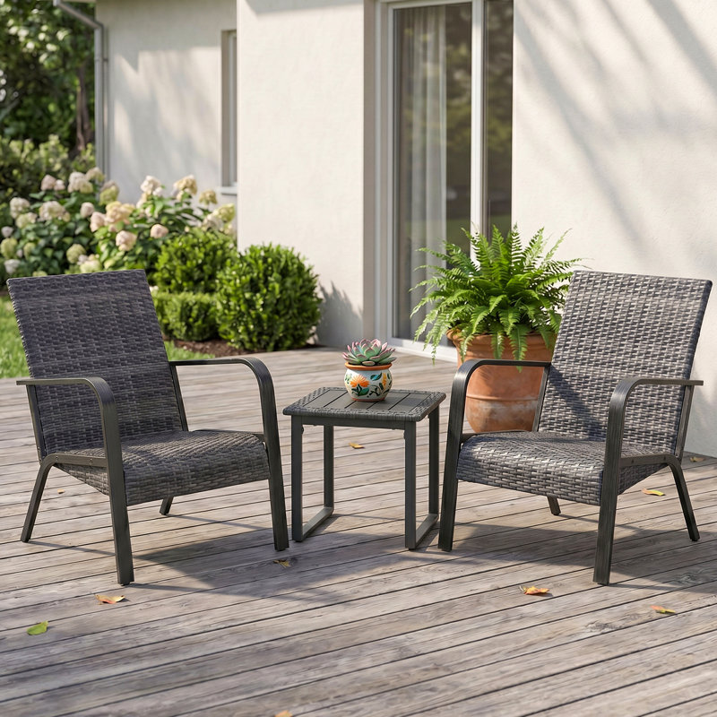 3-piece All-weather Wicker Outdoor Chairs Set With Quick Drying Built-in Cushions And Rattan Coffee Table