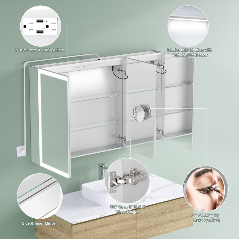 48"W 30"H Recessed or Surface LED Mirror Medicine Cabinet, Defogger, Touch Sensor, Dimmer, Outlets and USBs