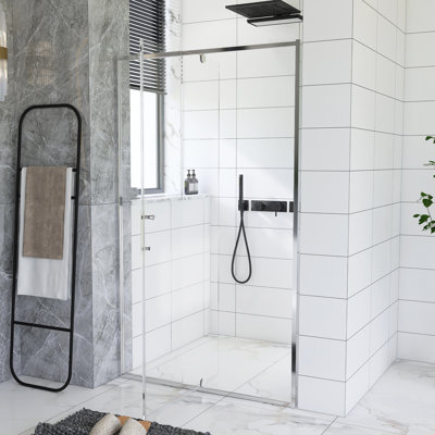 Porte de douche en verre Piovt de 38 à 42 po x H 71 po à finition chromée, porte de douche coulissante à cadre pivotant avec verre trempé transparent de 1/4 po d'épaisseur, installation réversible