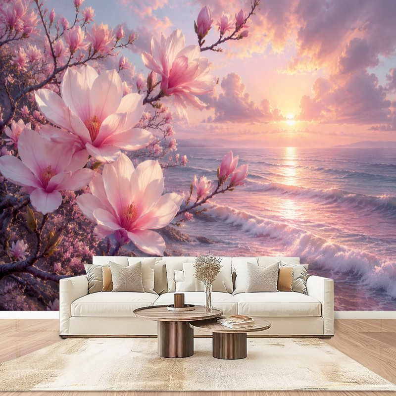 Papier peint adhésif pelez et collez, fleurs de magnolia rose, océan serein, coucher de soleil, ciel pastel doux, auto-adhésif et amovible
