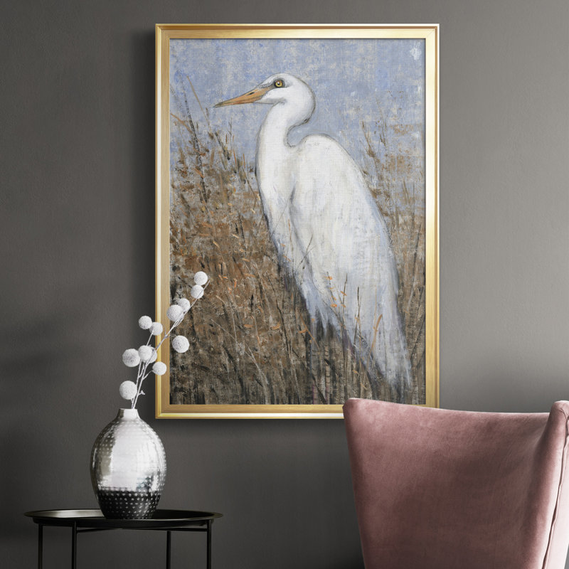 Toile encadrée de qualité supérieure White Heron II - prête à être accrochée, Cadre doré, H 42,5 po x l 30,5 po x P 1 po