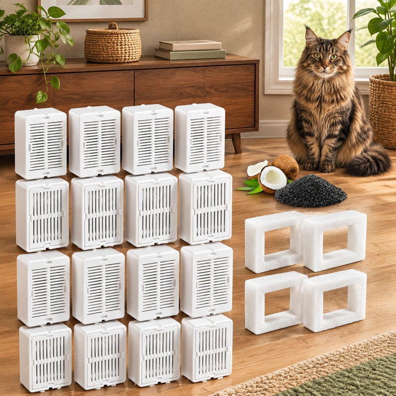 16-Pack Replacement Filters for compatible 360 degrees cupcake-style ceramic pet fountains, featuring triple filtration and supplied with 4 foam sponges.