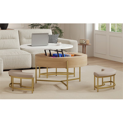 Table basse moderne à plateau relevable avec rangement et trois repose-pieds, offrant une polyvalence fonctionnelle pour les espaces de vie contemporains