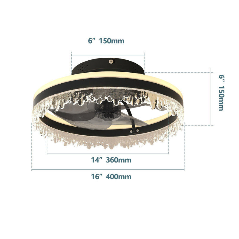 Ventilateur de plafond à DEL moderne de 16 po avec lumière, CCT à intensité variable et réglable, conception en cristal, pales invisibles, moteur silencieux, télécommande et commande APP, fonction de minuterie, noir