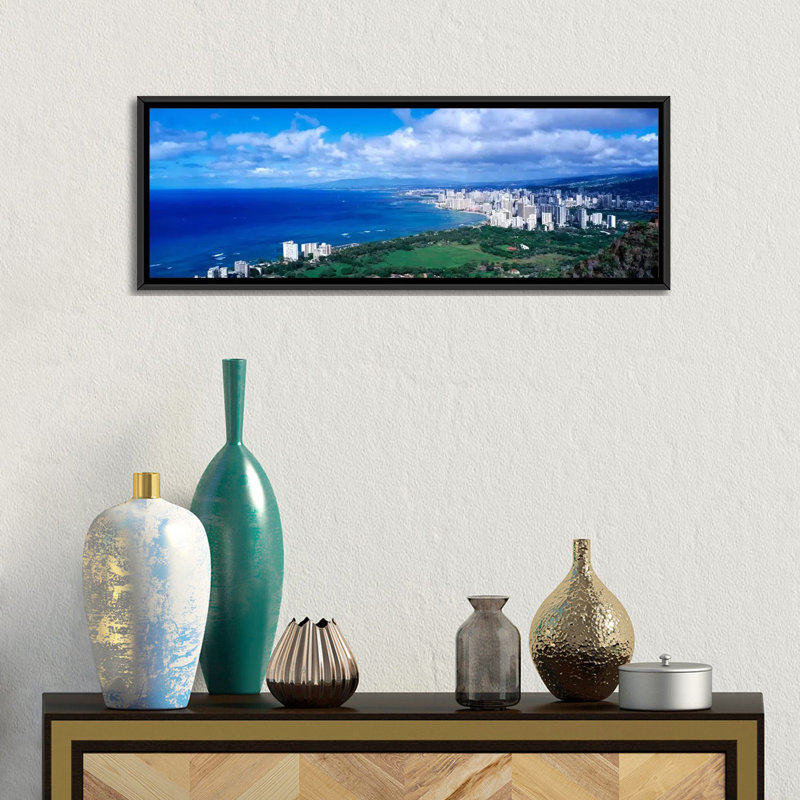 Reproduction de photo panoramique sur toile, Waoliki Honolulu Oahu, H 12 po x l 36 po x P 1,5 po, Cadre noir