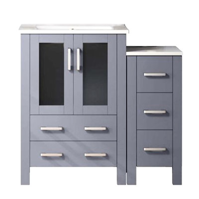 Meuble-lavabo gris foncé de 36 po Large armoire latérale, plateau en céramique blanche, miroir de 22 po, meuble-lavabo avec rangement, tiroirs à fermeture en douceur et longue durée