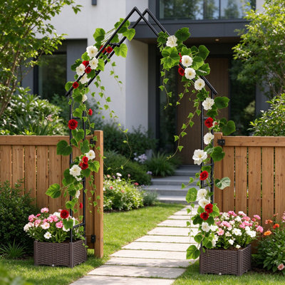 95-Inch Tall Metal Garden Arch Trellis with Planter Boxes – Heavy-Duty Weather-Resistant Arbor for Climbing Plants, Weddings, Lawn, Backyard, Patio Decor