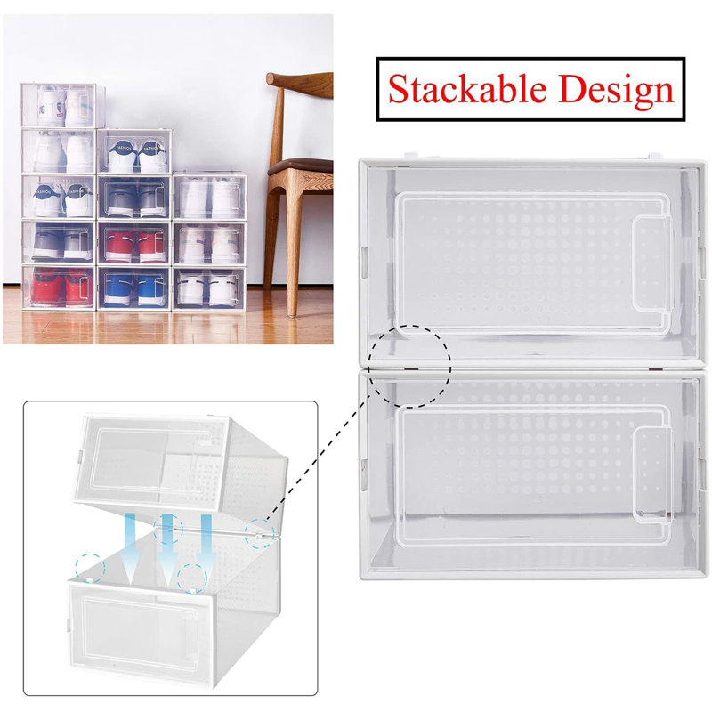 Foldable Shoe Box; Stackable Clear Shoe Storage Box - Storage Bins Shoe Container Organizer; 8 Pack; White