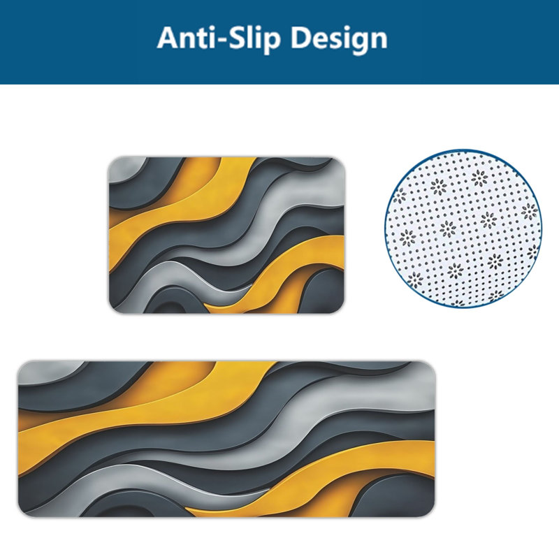 Modern Abstract Wave 2 Pack Kitchen Rugs, Kitchen Sink Area, Gray Yellow