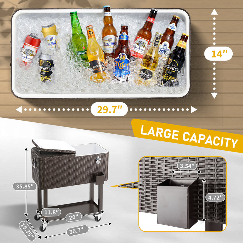 Rebuyhome 80 Quarts Serving Station / Cart Cooler with wheels in Brown