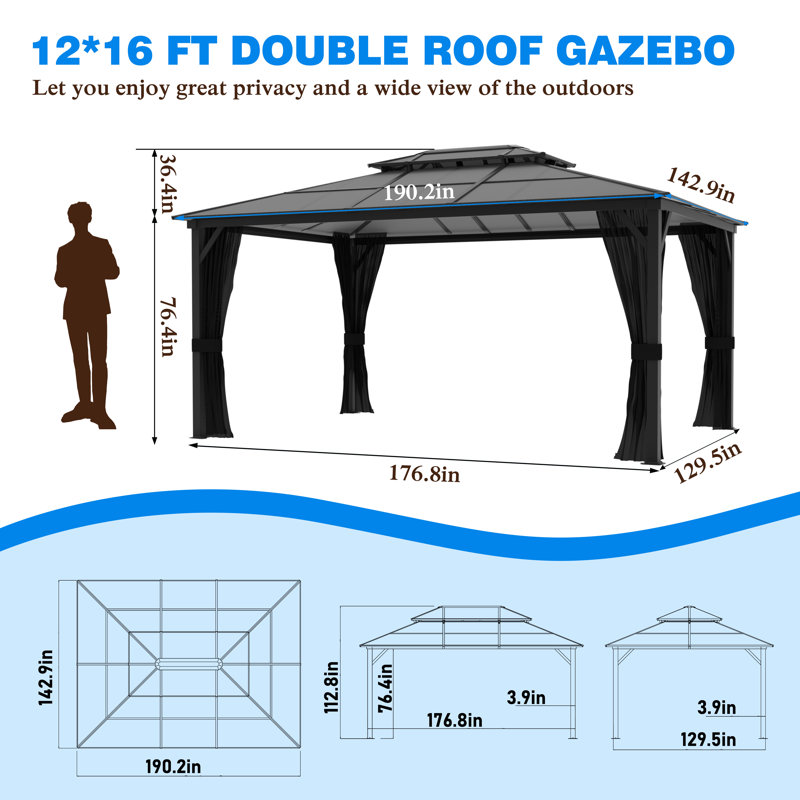 Aluminum Patio Gazebo, 16 ft x 12 ft