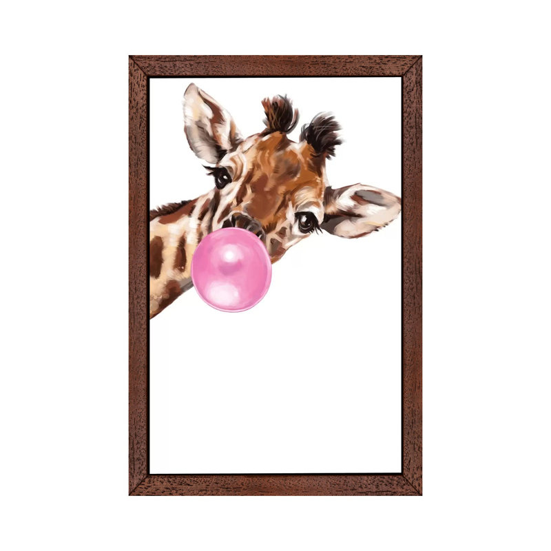 Sneaky Giraffe Blowing Bubble Gum by Big Nose Work - Print on Canvas, Brown Framed, 66.04 cm H x 45.72 cm W