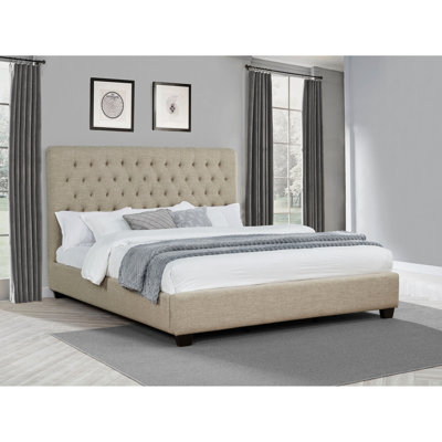 Très grand lit tapissier en avoine, tête de lit classique, conception ouverte, tête de lit en contreplaqué et structure en pin pour un look sophistiqué, disposition dans la chambre à coucher, nécessite un sommier