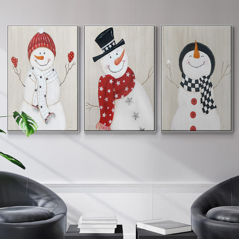Bonhomme de neige encadré sur toile, 3 pièces, H 24 po x l 48 po x P 2 po, Blanc