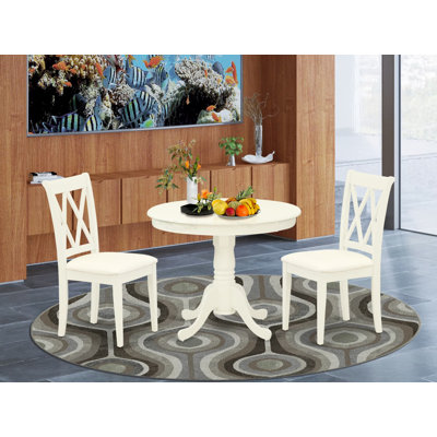 3 Piece Dining Table Set for Small Spaces Contains a Round Kitchen Table with Pedestal and 2 Linen Fabric Dining Room Chairs, Linen White