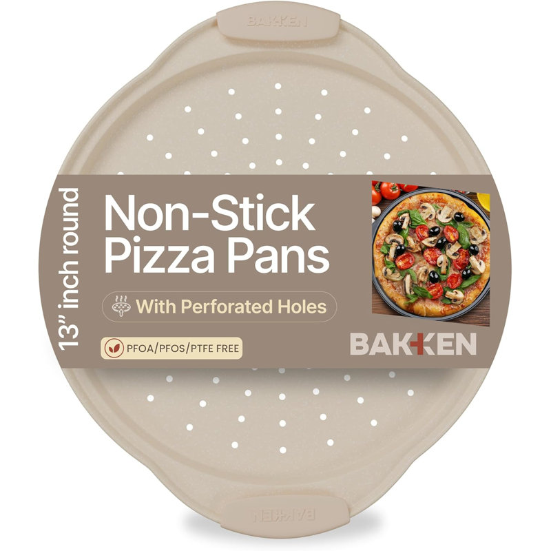 Plat à pizza Bakken - Acier au carbone perforé rond avec revêtement en marbre antiadhésif, poignée en silicone surdimensionnée, durable, facile à nettoyer, blanc