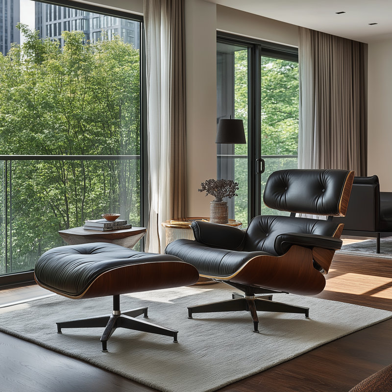 Real Leather Upholstered Accent Chair With Ottoman And Heavy-Duty Aluminum Base, Black-Brown Wood