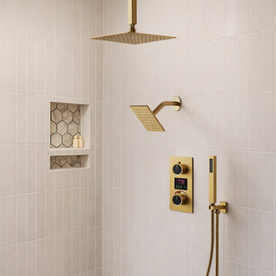 Dual Showerheads Digital Shower System, 12" Ceiling Mount Rainfall Shower Faucet with Handheld Shower
