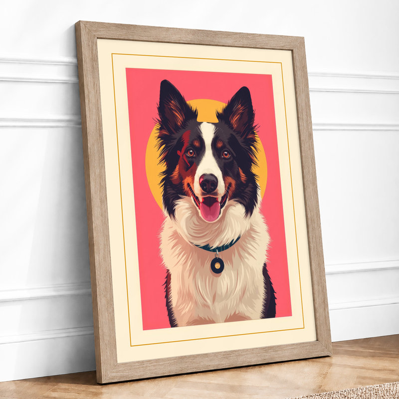 Bold Collie Portrait Pop Art - Framed Print, A1 - 84.1 x 59.4 cm, Oak