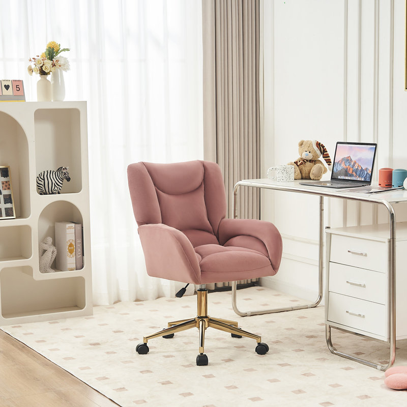Chaise de bureau pivotante en velours 360 avec base en métal doré et roues universelles, rose, Velours rose