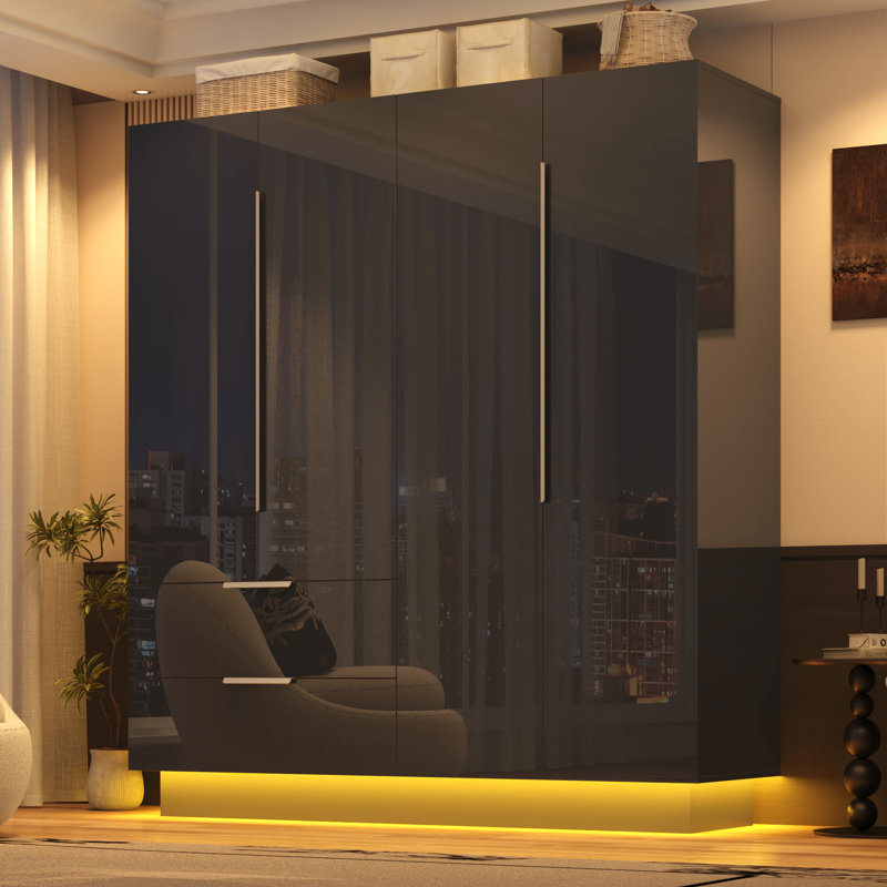 Armoire-penderie moderne ultrabrillante avec tablettes et tringle, Noir