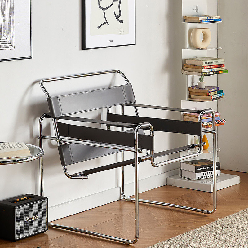 Fauteuil d'appoint en cuir et acier inoxydable, Similicuir noir
