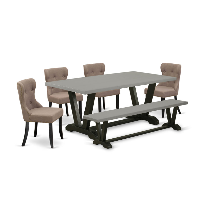 L'ensemble de table de salle à manger 6 pièces contient une table en bois de ciment, un banc de salle à manger et 4 chaises rembourrées en tissu de lin - Finition à dossier brossé